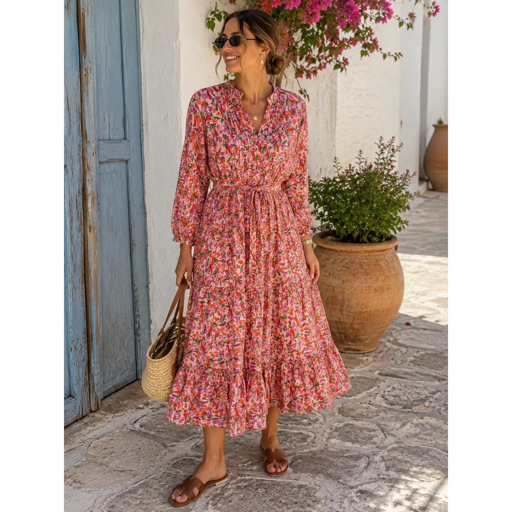 Banjanan Midi Dress Womens XS Pink Floral Cotton Pintuck Tiered Boho - Picture 1 of 9